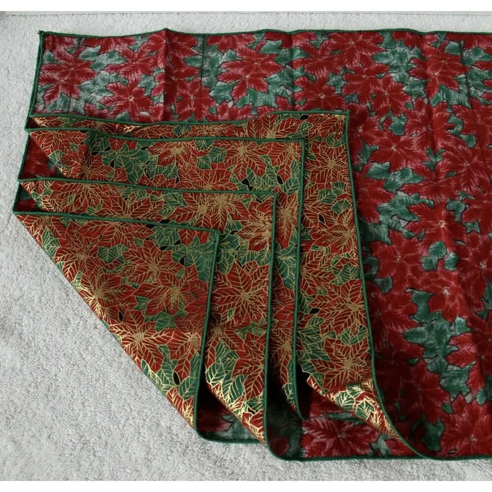 Set of 4 Christmas Poinsettia Cloth Napkins Red Green Gold Holiday Table Linen